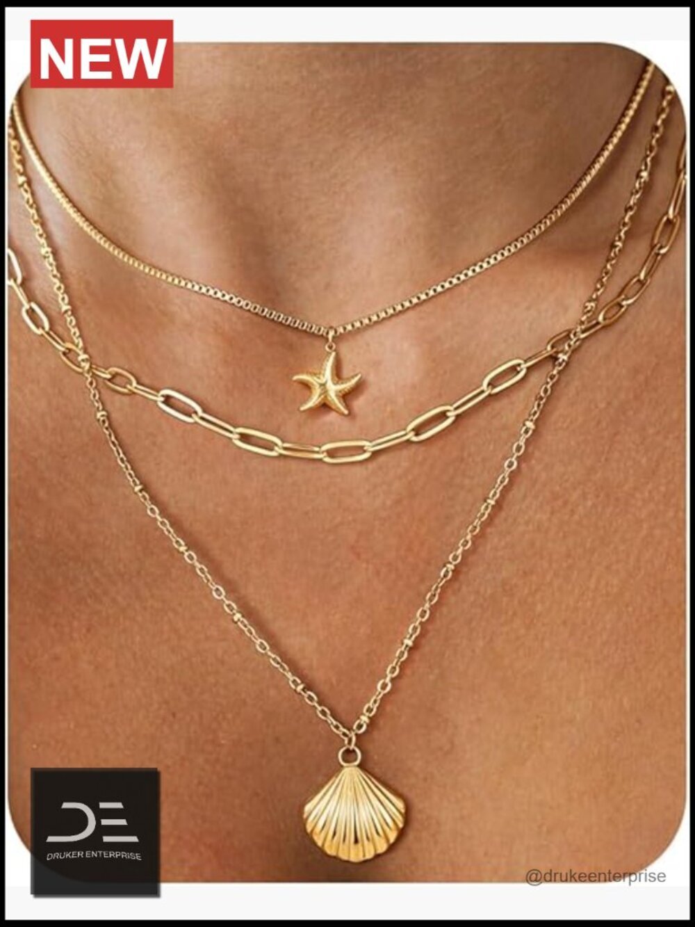 Starfish Seashell Layered Necklace, 14k Gold Plated Non Tarnish Stack
